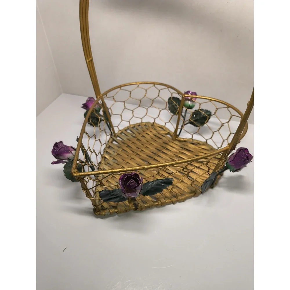 Gold Metal Heart Shaped Basket‎ Purple Roses Wicker Bottom ~Display Storage Gift